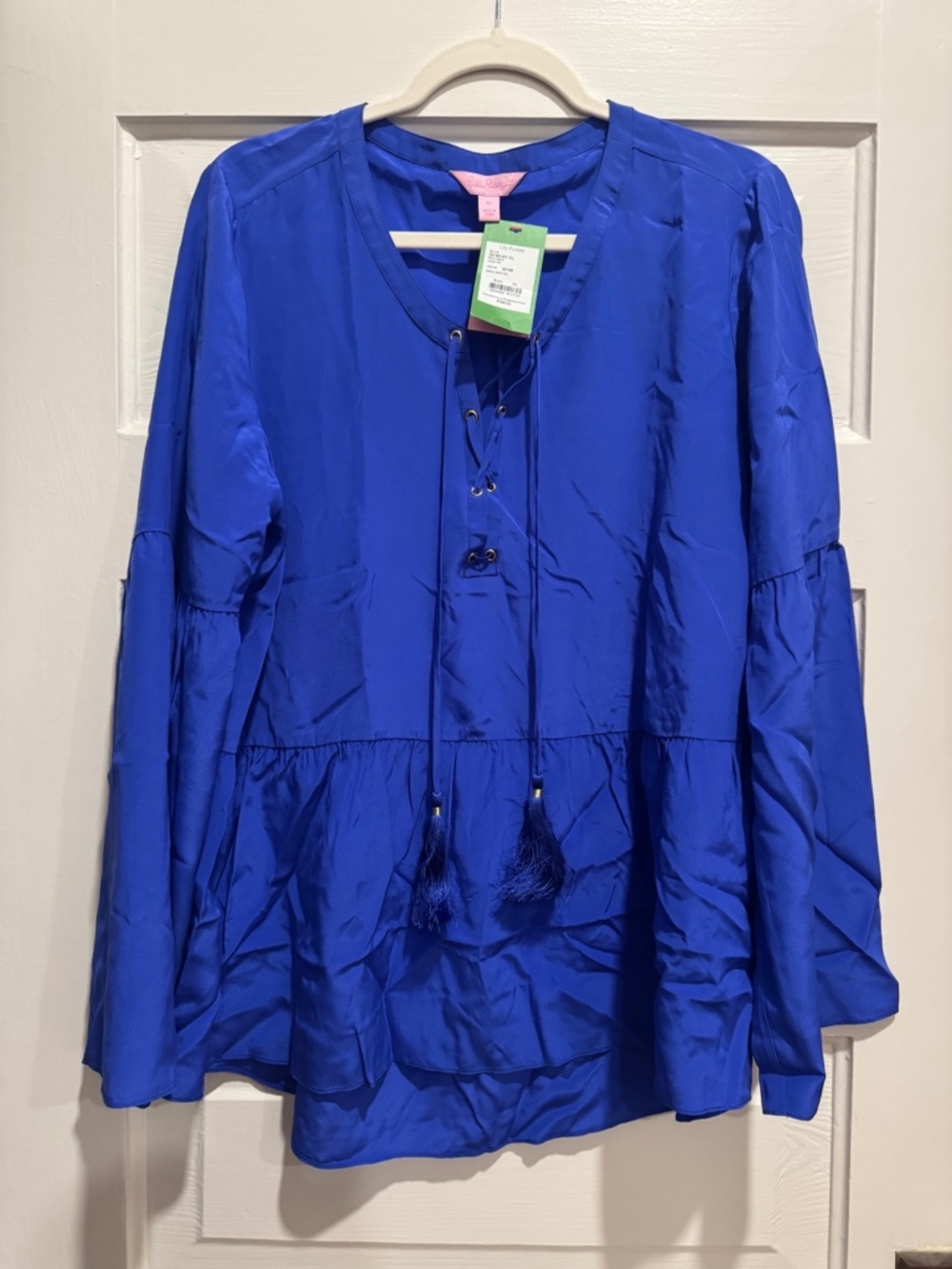 Lilly Pulitzer Milan Top XL Brilliant Blue 100% Silk Tassel Blouse NWT